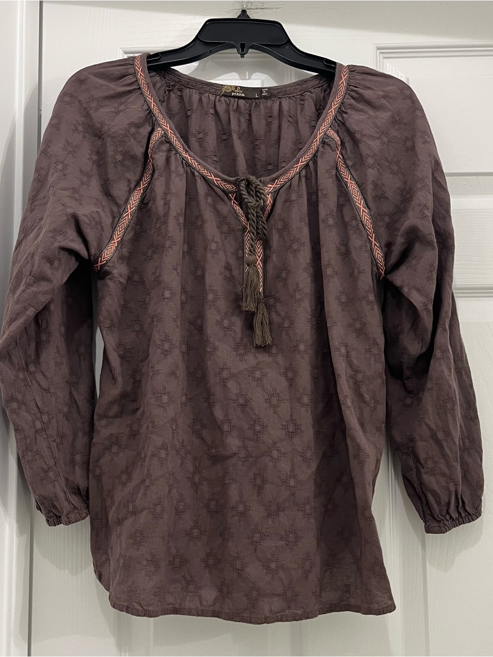 Prana Brown Peasant Tunic with Tassel Tie and Contrast Trim
